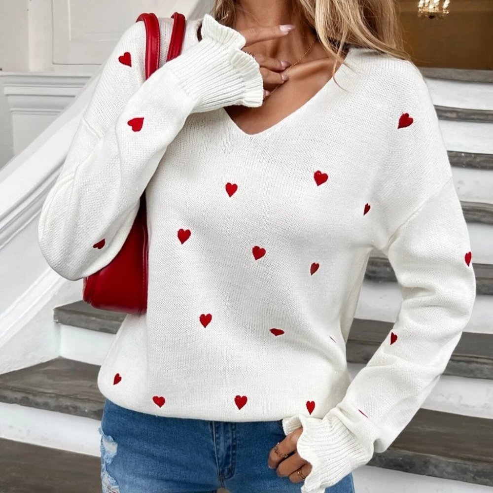Valentine's Day Heart Print v-neck Sweater - Picture 1 of 5